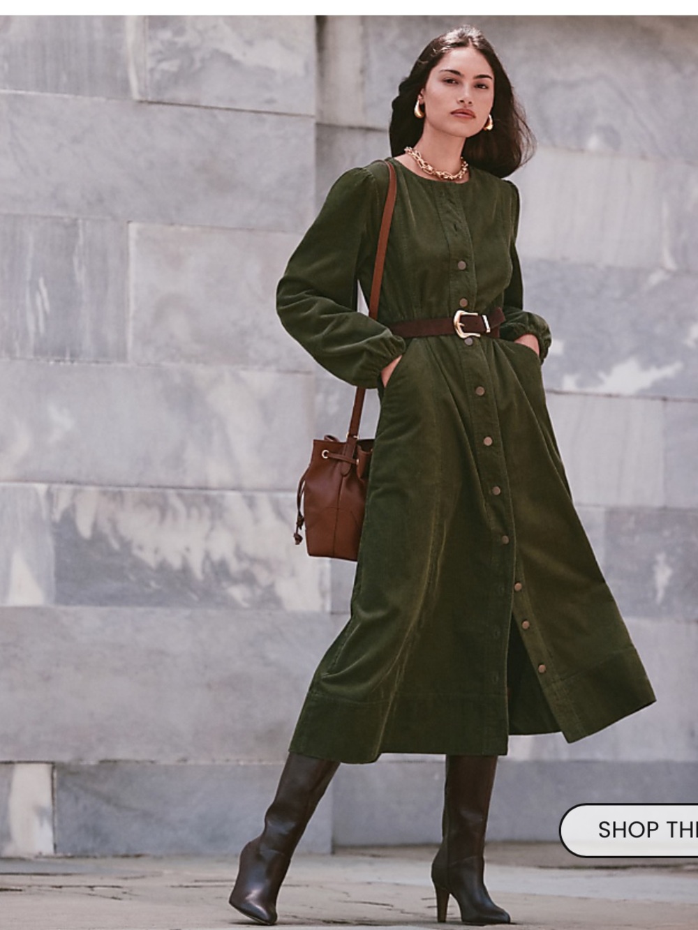 Loft Corduroy Olive Green Button-Front Midi Dress